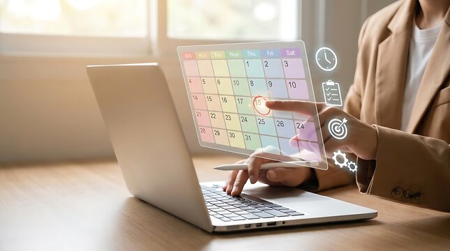 Person using a laptop to interact with a digital calendar interface, selecting a date with for time, tasks, and goals visible