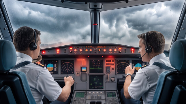 Pilots navigating aircraft through storm clouds. Cockpit view of flight crew managing controls during turbulent weather conditions.