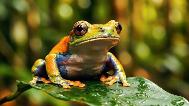 Vibrant Red-eyed Tree Frog with Bright Orange and Blue Legs Perched on a Lush Green Leaf in a Rainforest