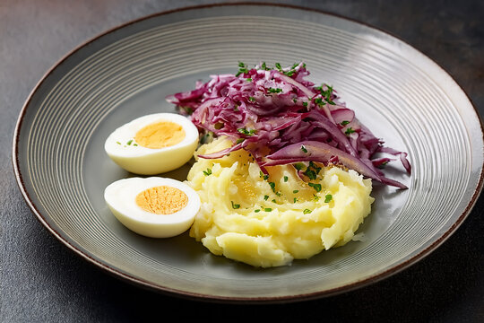 Gekochte halbierte Eier mit Kartoffelbrei und Rohkostsalat
