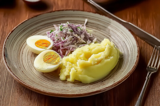 Mittagessen mit Eiern und Rohkostsalat, sowie Kartoffelbrei
