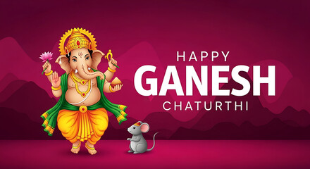 Fototapeta premium Happy ganesh chaturthi greeting card with lord ganesha and his mouse vehicle on a maroon background