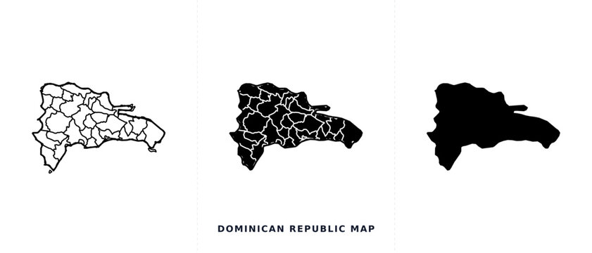 Dominican Republic map vector set, black silhouette and administrative borders, Caribbean country outline icons for infographics