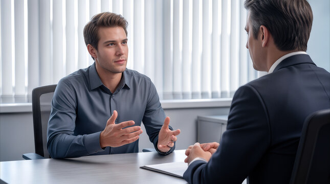 Job applicant explaining qualifications during interview with hiring manager in modern office. Career development and professional recruitment process.