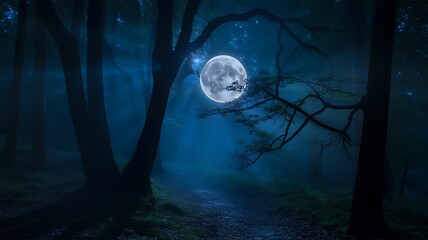 Fototapeta premium Moonlit forest with full moon shining through dark trees on a mysterious night 