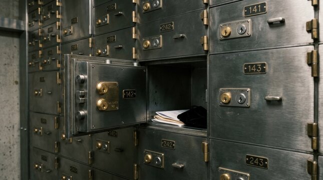 Safe deposit boxes in a bank vault with one open, revealing valuable documents and a small pouch inside, symbolizing security and protection.