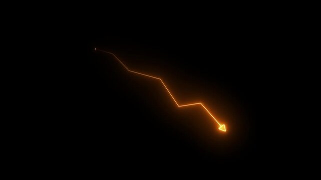 Neon glowing down ward graph with arrow indicating decline, loss, and negative trends on a dark, on alpha transparent background 4k video animation.