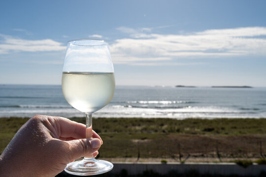 Chilled glass of dry French white wine with ocean view and coastal horizon. Elegant wine tasting on French seaside at summer