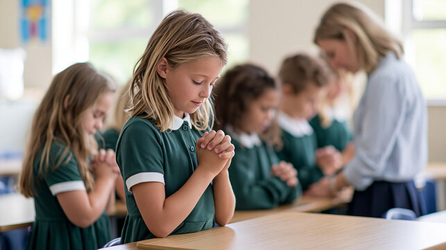 Elementary students joining hands for a short morning prayer beside their desks while a teacher gently leads the class, sunlit room with simple religious decor, classroom prayer, catholic