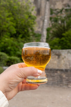 Normandy cider poured on fortress walls of Mont-Saint-Michel stunning abbey hill in ocean, sparkling apple beverage, refreshing taste. France