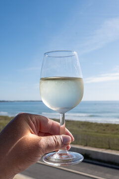 Chilled glass of dry French white wine with ocean view and coastal horizon. Elegant wine tasting on French seaside at summer