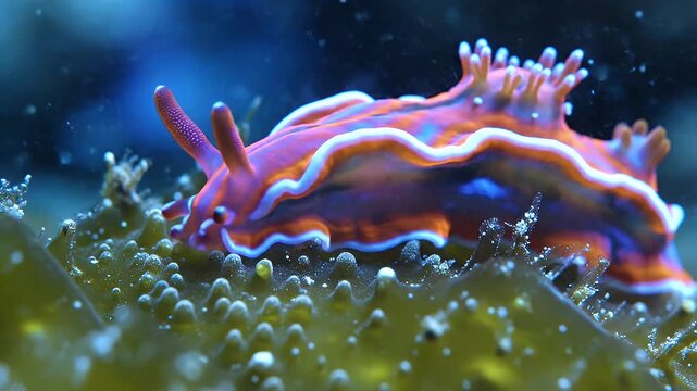 Vibrant sea slug with wavy frills crawling on coral reef in deep blue ocean water, macro shot