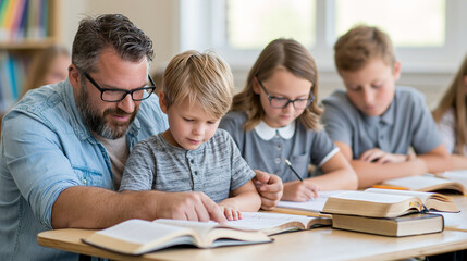 Fototapeta premium Teacher helping several students review notes at a classroom desk, open books and a Bible arranged nearby in clean bright daylight, catholic school, teacher, students, classroom, study,