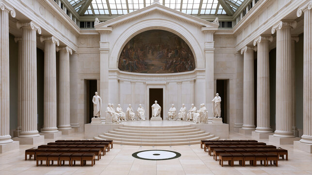 Detailed classical fresco showing philosophers and students in an idealized school of thought, displayed in a bright museum-like religious interior without recognizable artwork references,