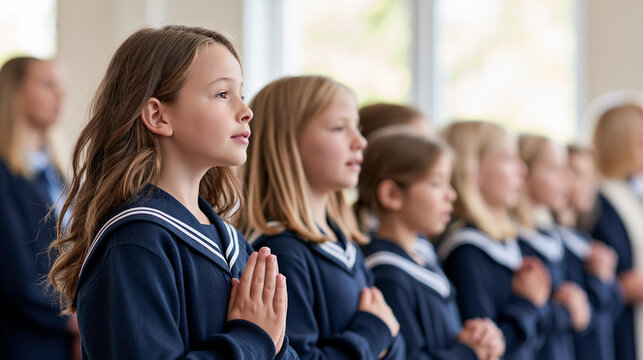 Uniformed schoolchildren singing and praying during a Catholic church service, standing in orderly rows beneath bright windows, teacher and clergy nearby, catholic school, church service,