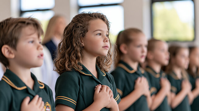 Uniformed schoolchildren singing and praying during a Catholic church service, standing in orderly rows beneath bright windows, teacher and clergy nearby, catholic school, church service,