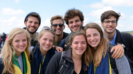 Obraz premium Large international Catholic youth gathering in an open field, smiling pilgrims with colorful scarves and backpacks under a bright sky, catholic youth, pilgrimage, faith festival, crowd,
