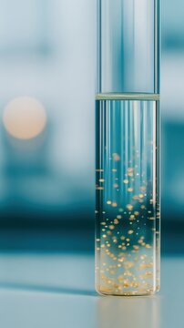 A transparent test tube filled with a yellow liquid containing floating particles against a blurred background