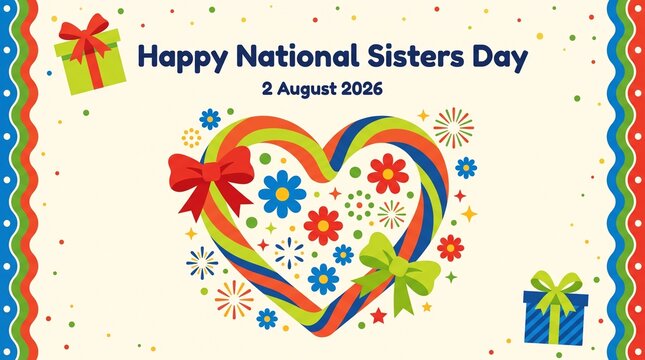 Happy National Sisters Day greeting card, colorful heart with flowers and gift boxes, festive holiday celebration banner for August 2