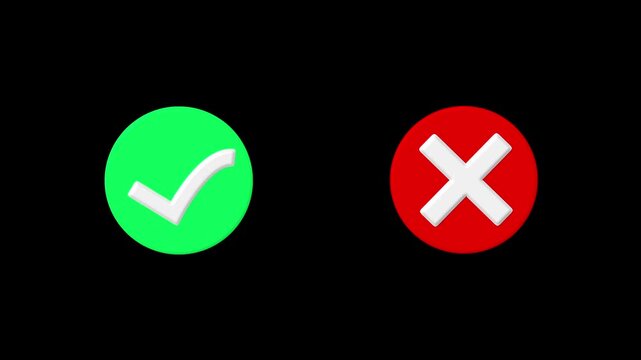 Video footage of yes or no, true or false with alpha channel. check mark and cross mark signs icon animation, pop-up green check mark and red cross X symbol. Green check mark and red cross mark icon