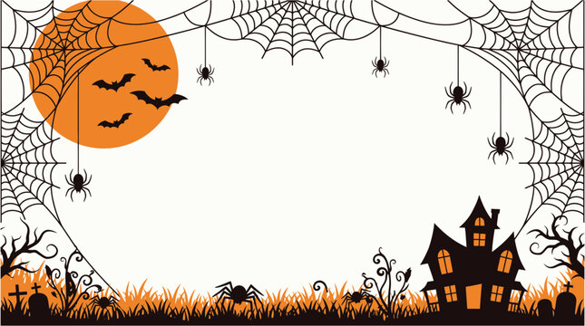 A spooky halloween scene with a full orange moon silhouetted bats a haunted house and intricate spiderwebs for a festive background