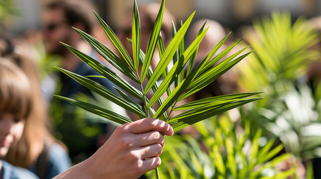 Catholic Palm Sunday celebration outside a cathedral, families and schoolchildren holding simple green branches in bright spring daylight, palm sunday, catholic church, children, family,