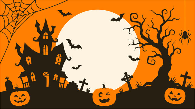 Spooky halloween night a creepy and atmospheric background featuring a haunted house bats and jack o' lanterns under a full moon