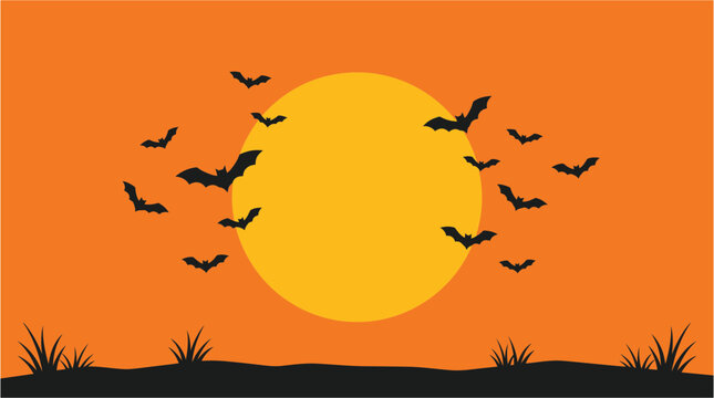 A spooky halloween night scene featuring a large orange moon and silhouetted bats flying across a vibrant orange sky perfect for seasonal decorations