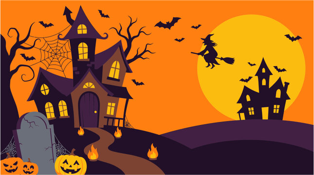 A spooky halloween night scene featuring a haunted house witch bats and jack o' lanterns under a glowing orange moon