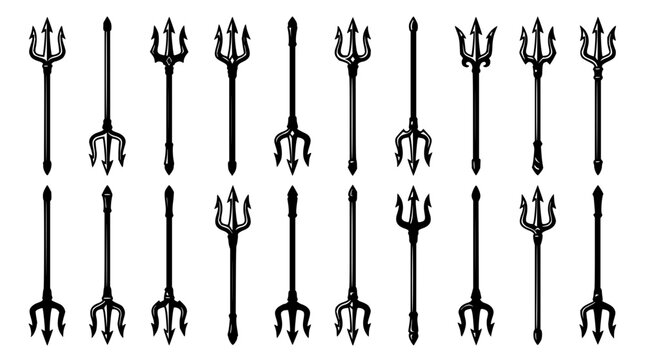 Tridents set with isolated icons featuring sharp metallic prongs and long handles with symmetrical design