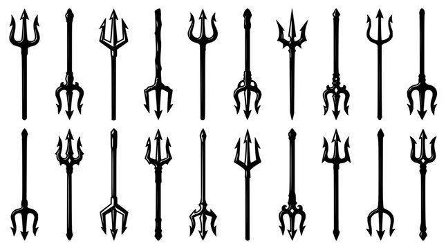 Trident set with twenty isolated icons on white background featuring sharp tips, symmetrical design with metallic sheen and clean edges and modern vector style