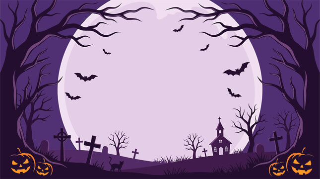 A spooky and eerie halloween night scene featuring a full moon silhouetted bats and a haunted church in a graveyard