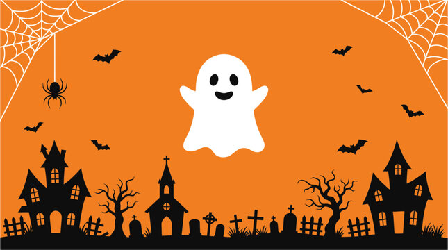 A spooky halloween scene with a full orange moon silhouetted bats a haunted house and intricate spiderwebs for a festive background