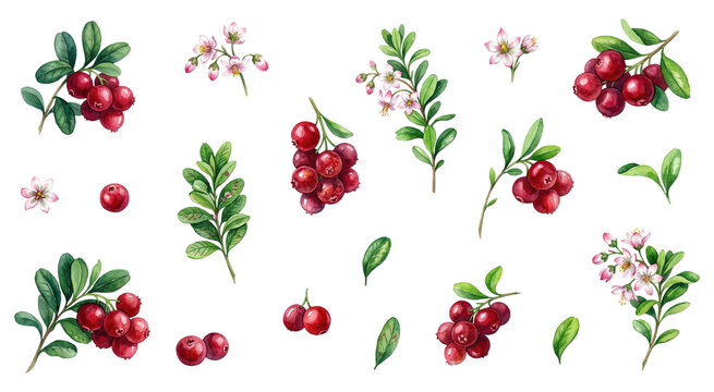 Set of watercolor cranberry with berry, leaf and flower on transparent background. Organic fruit for healthy food, market design, sticker, scrapbook and book illustration collection.	
