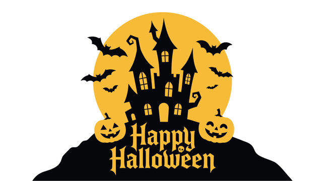 A spooky and delightful halloween scene a silhouette of a haunted castle against a glowing full moon with bats and pumpkins