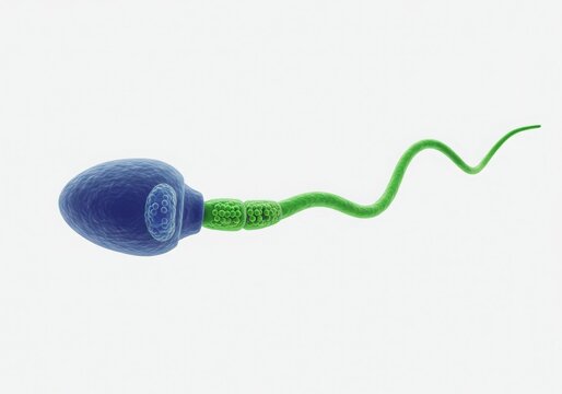 Microscopic view of a single blue sperm cell with green tail