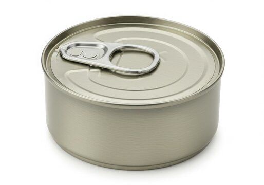 Silver metal food can with pull tab on white background