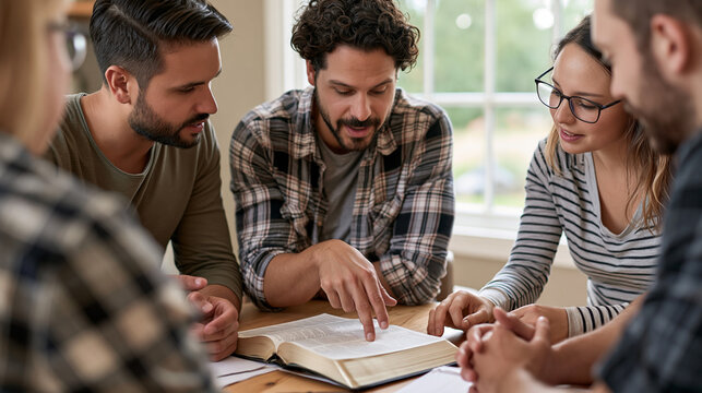 A diverse group of Christian friends reading and discussing an open Bible around a home table near a large window, warm fellowship in fresh daylight, bible study, prayer group, christian