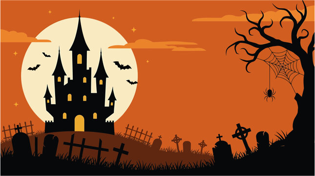 A spooky halloween night scene featuring a large orange moon and silhouetted bats flying across a vibrant orange sky perfect for seasonal decorations