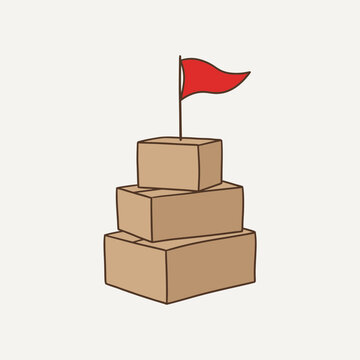 Minimalist logistics illustration of stacked delivery boxes and a red flag for business success.