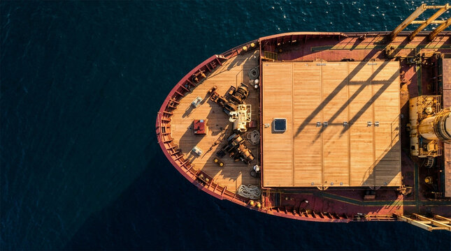 Top view of burgundy ship bow with wooden deck