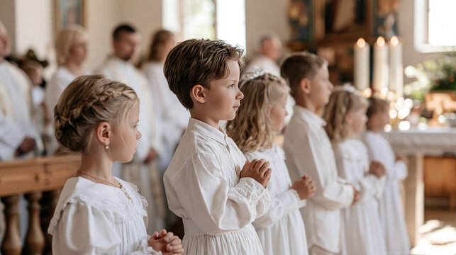 Group of children in white garments standing beside a church altar during their first Communion, families and clergy visible in bright daylight, first communion, catholic children, altar,