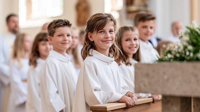 Group of children in white garments standing beside a church altar during their first Communion, families and clergy visible in bright daylight, first communion, catholic children, altar,