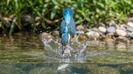 Fotobehang IJsvogel A vibrant common kingfisher bird flying out of a river with a freshly caught fish in its beak.  © Surya