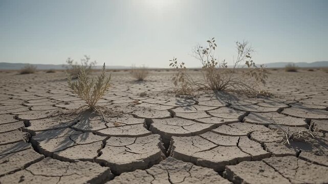Barren cracked desert earth with sparse dry vegetation under a clear bright sky, symbolizing drought and arid climate