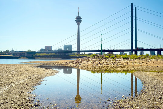 D&uuml;sseldorf, Germany,. Low stream gauge of rhine river.Water shortage, drought, climate change,global warming concept, due to the drought, riverbank is dried out,small ponds remaining 