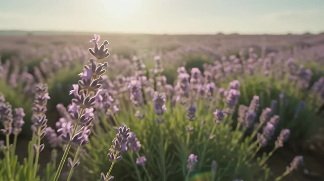 Beautiful endless lavender field at sunset with soft sun rays and blue sky, peaceful nature background