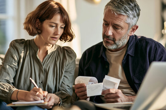 Couple budget receipt laptop finance bill at home reviewing expenses together, focused and calm