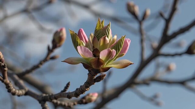 Close-up of a dormant tree bud with delicate new growth on bare branches against a soft blue sky