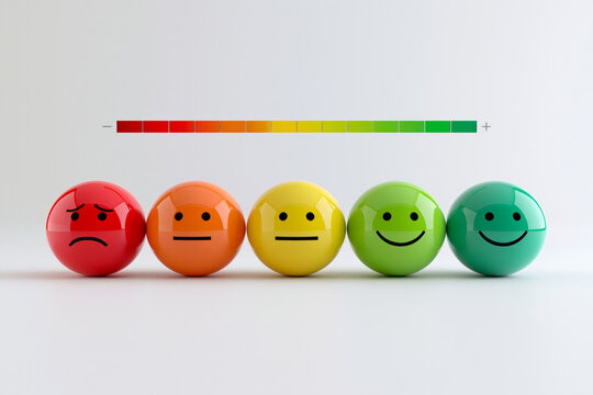 Emotion rating feedback scale gradient sphere in row from sad to happy, glossy color ball white
